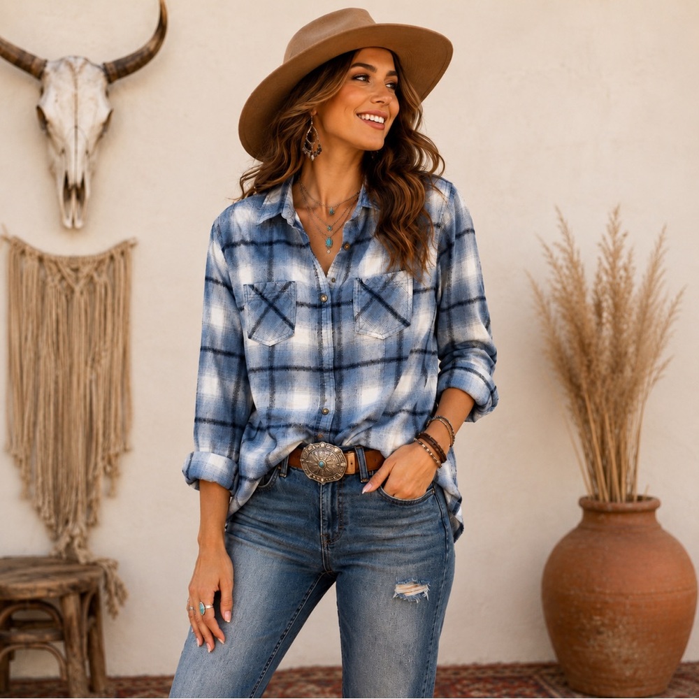 Legendary Whitetails Cottage Escape Blue Plaid Flannel Shirt Shacket‎ Cotton L
